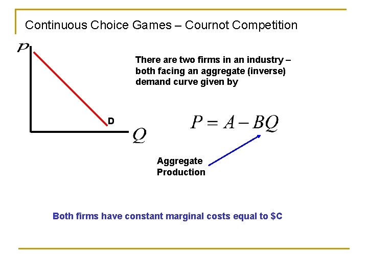 Continuous Choice Games – Cournot Competition There are two firms in an industry –