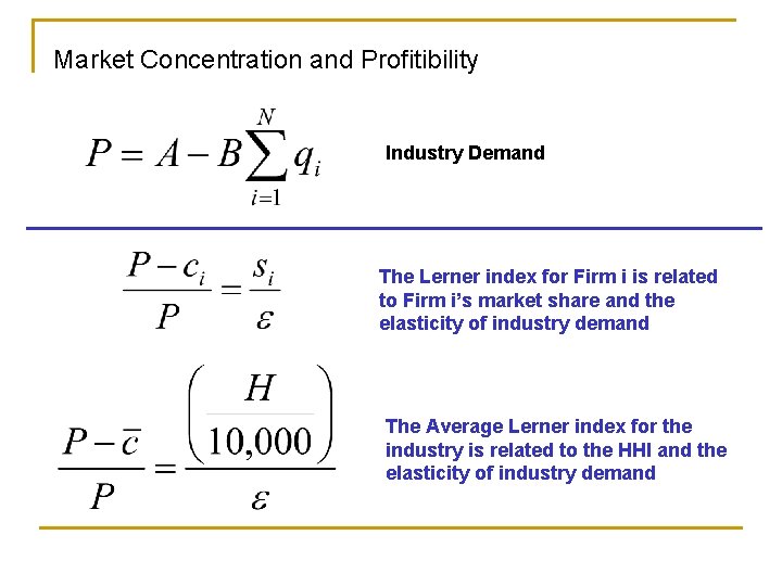 Market Concentration and Profitibility Industry Demand The Lerner index for Firm i is related