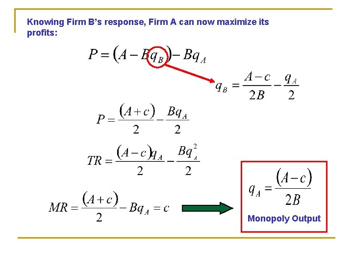 Knowing Firm B’s response, Firm A can now maximize its profits: Monopoly Output 