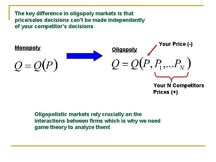 The key difference in oligopoly markets is that price/sales decisions can’t be made independently