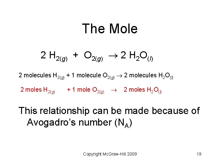 The Mole 2 H 2(g) + O 2(g) 2 H 2 O(l) 2 molecules