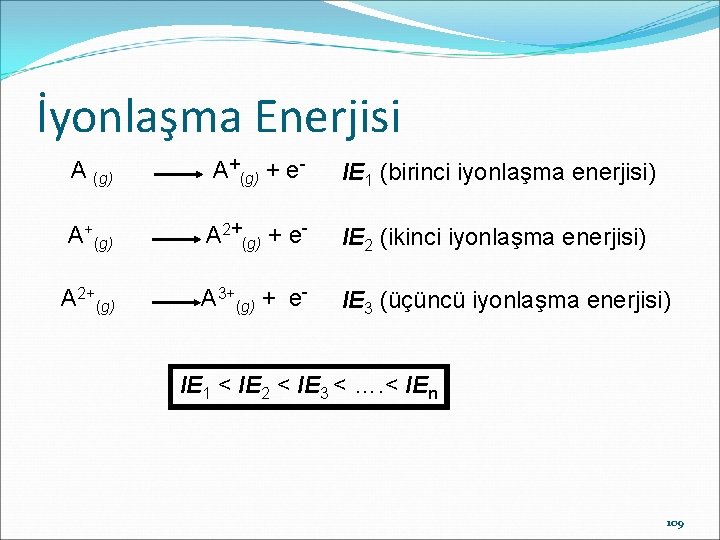 İyonlaşma Enerjisi A (g) A+(g) + e- IE 1 (birinci iyonlaşma enerjisi) A+(g) A