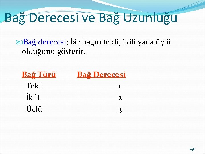 Bağ Derecesi ve Bağ Uzunluğu Bağ derecesi; bir bağın tekli, ikili yada üçlü olduğunu