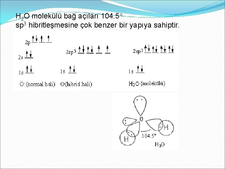 H 2 O molekülü bağ açıları 104. 5 sp 3 hibritleşmesine çok benzer bir