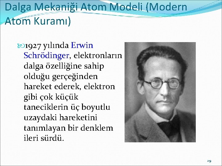 Dalga Mekaniği Atom Modeli (Modern Atom Kuramı) 1927 yılında Erwin Schrödinger, elektronların dalga özelliğine