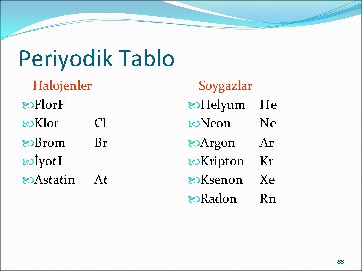 Periyodik Tablo Halojenler Flor. F Klor Cl Brom Br İyot. I Astatin At Soygazlar