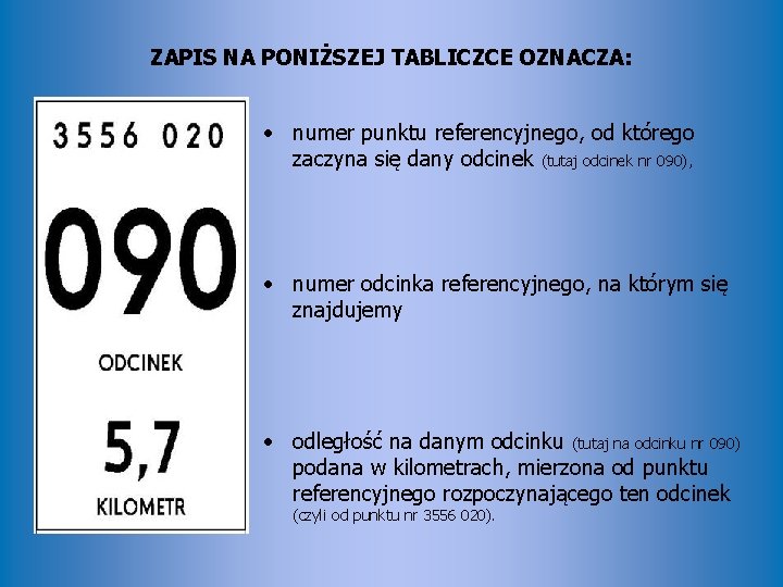 ZAPIS NA PONIŻSZEJ TABLICZCE OZNACZA: • numer punktu referencyjnego, od którego zaczyna się dany