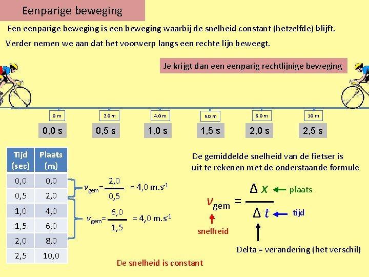 Eenparige beweging Een eenparige beweging is een beweging waarbij de snelheid constant (hetzelfde) blijft.