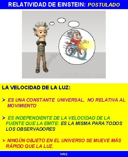 RELATIVIDAD DE EINSTEIN: POSTULADO LA VELOCIDAD DE LA LUZ: Ø ES UNA CONSTANTE UNIVERSAL,