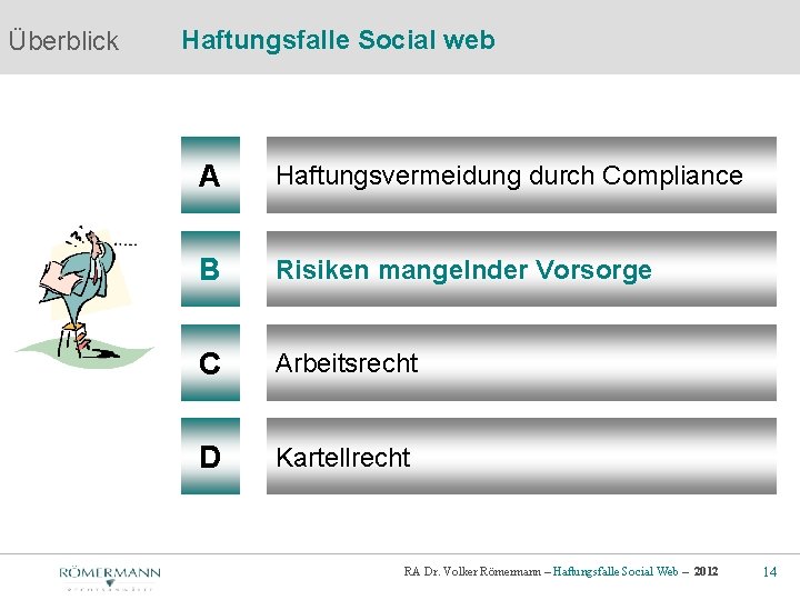 Überblick Haftungsfalle Social web A Haftungsvermeidung durch Compliance B Risiken mangelnder Vorsorge C Arbeitsrecht