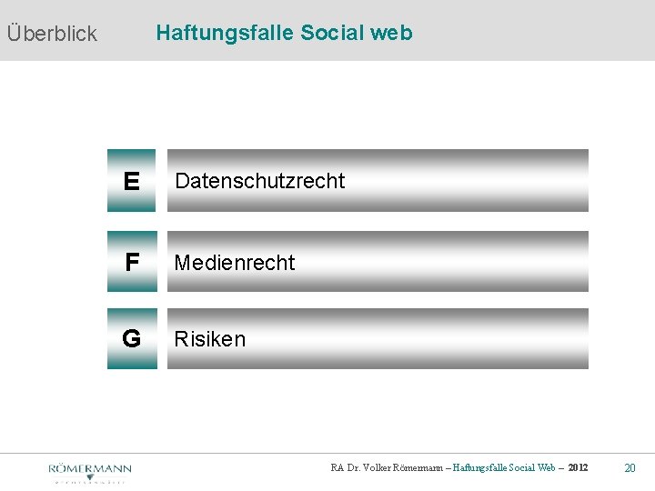 Haftungsfalle Social web Überblick E Datenschutzrecht F Medienrecht G Risiken RA Dr. Volker Römermann