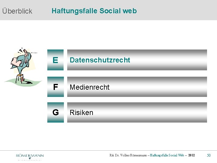 Überblick Haftungsfalle Social web E Datenschutzrecht F Medienrecht G Risiken RA Dr. Volker Römermann