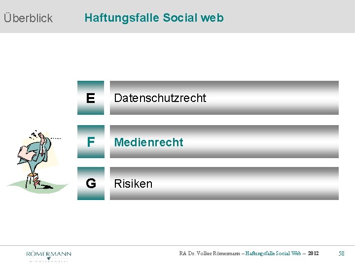 Überblick Haftungsfalle Social web E Datenschutzrecht F Medienrecht G Risiken RA Dr. Volker Römermann