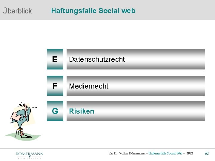Überblick Haftungsfalle Social web E Datenschutzrecht F Medienrecht G Risiken RA Dr. Volker Römermann