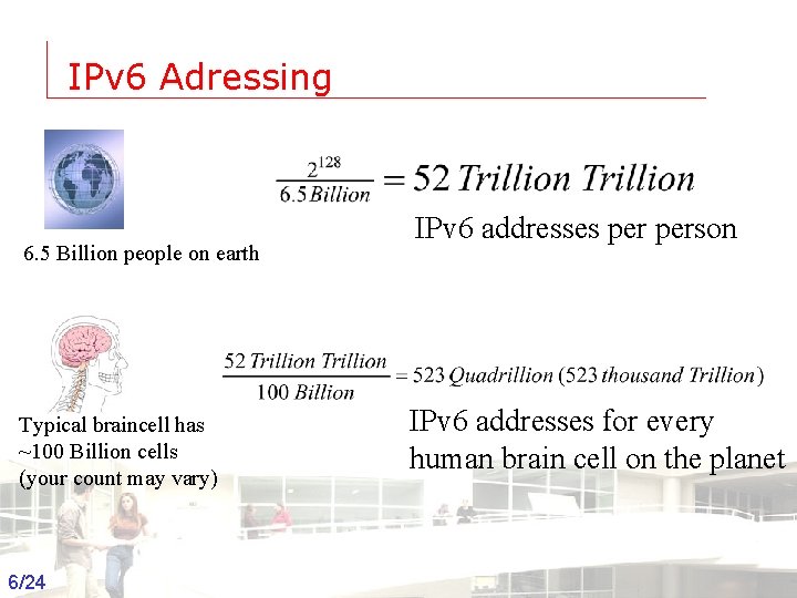 IPv 6 Adressing 6. 5 Billion people on earth Typical braincell has ~100 Billion