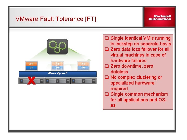 VMware Fault Tolerance [FT] q Single identical VM’s running in lockstep on separate hosts