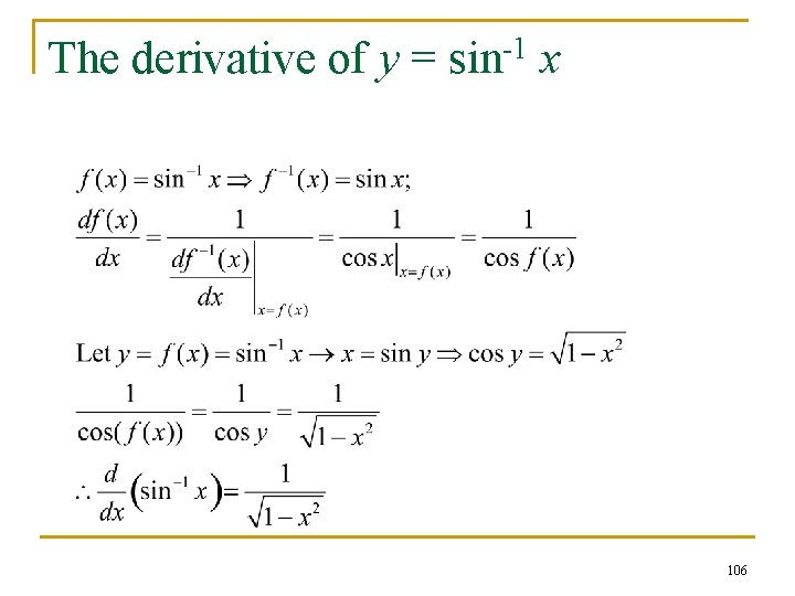 The derivative of y = sin-1 x 106 