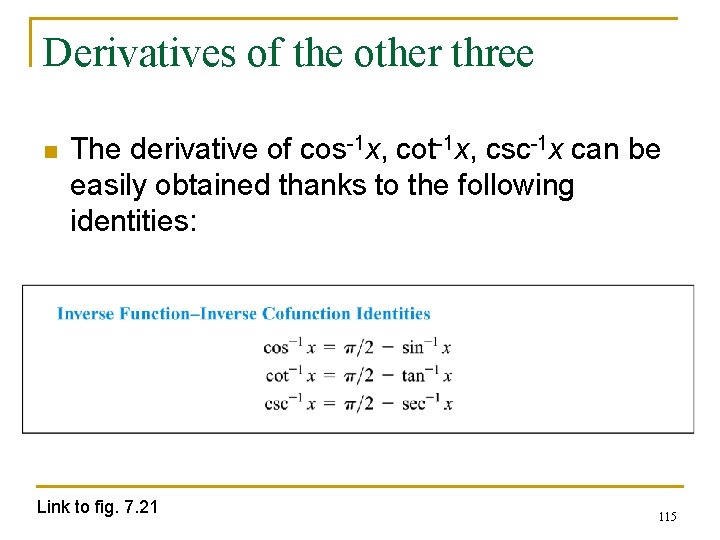 Derivatives of the other three n The derivative of cos-1 x, cot-1 x, csc-1