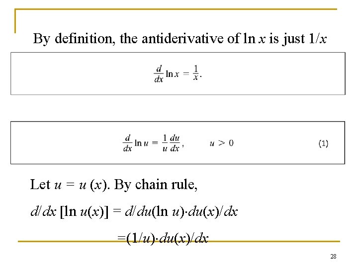 By definition, the antiderivative of ln x is just 1/x Let u = u