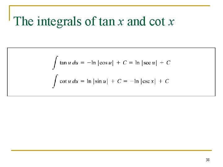 The integrals of tan x and cot x 38 