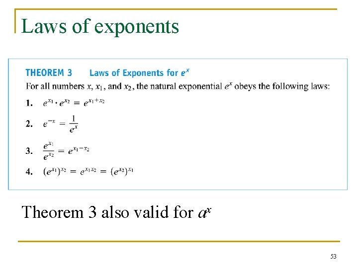 Laws of exponents Theorem 3 also valid for ax 53 