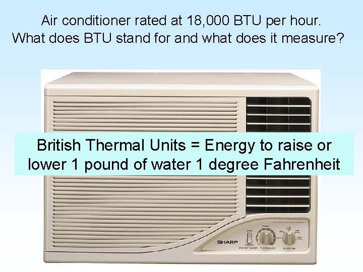 Air conditioner rated at 18, 000 BTU per hour. What does BTU stand for Air conditioner rated at 18, 000 BTU per hour. What does BTU stand for