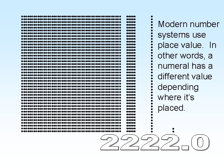 Modern number systems use place value. In other words, a numeral has a different Modern number systems use place value. In other words, a numeral has a different