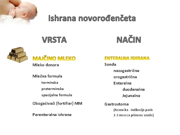 Ishrana novorođenčeta VRSTA Mleko donora Mlečna formula terminska preterminska specijalne formule Obogaćivači (fortifier) MM