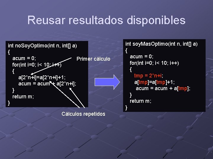 Reusar resultados disponibles int no. Soy. Optimo(int n, int[] a) { acum = 0;