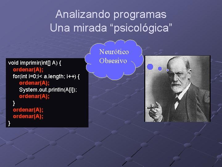 Analizando programas Una mirada “psicológica” void imprimir(int[] A) { ordenar(A); for(int i=0; i< a.