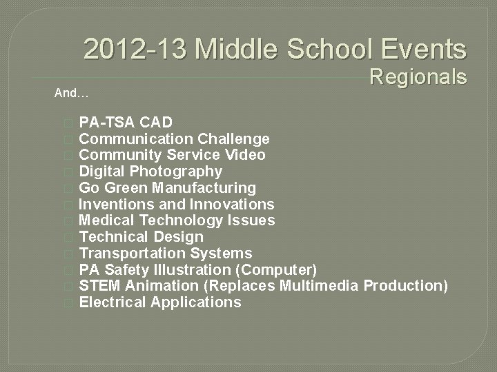 2012 -13 Middle School Events And… � � � Regionals PA-TSA CAD Communication Challenge