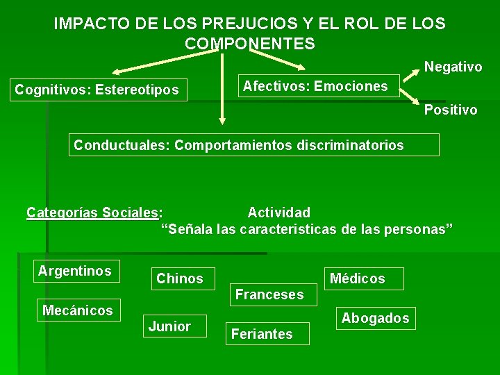 IMPACTO DE LOS PREJUCIOS Y EL ROL DE LOS COMPONENTES Negativo Cognitivos: Estereotipos Afectivos: