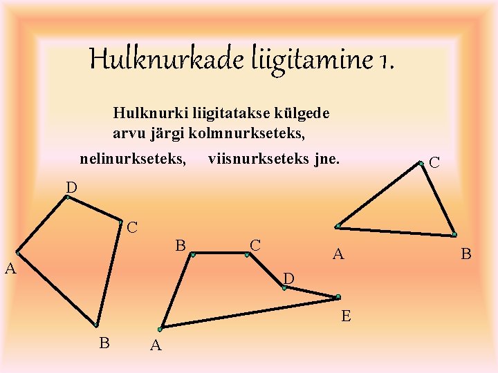 Hulknurkade liigitamine 1. Hulknurki liigitatakse külgede arvu järgi kolmnurkseteks, nelinurkseteks, viisnurkseteks jne. C D