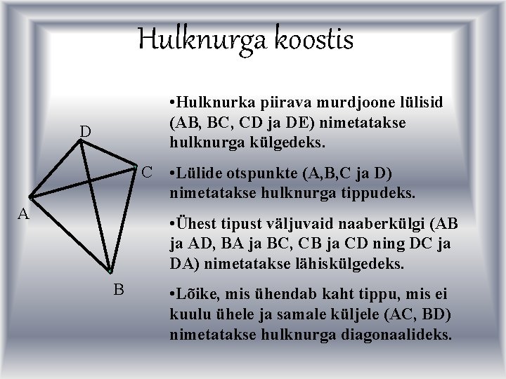 Hulknurga koostis • Hulknurka piirava murdjoone lülisid (AB, BC, CD ja DE) nimetatakse hulknurga