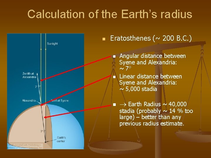 Calculation of the Earth’s radius n Eratosthenes (~ 200 B. C. ) n n