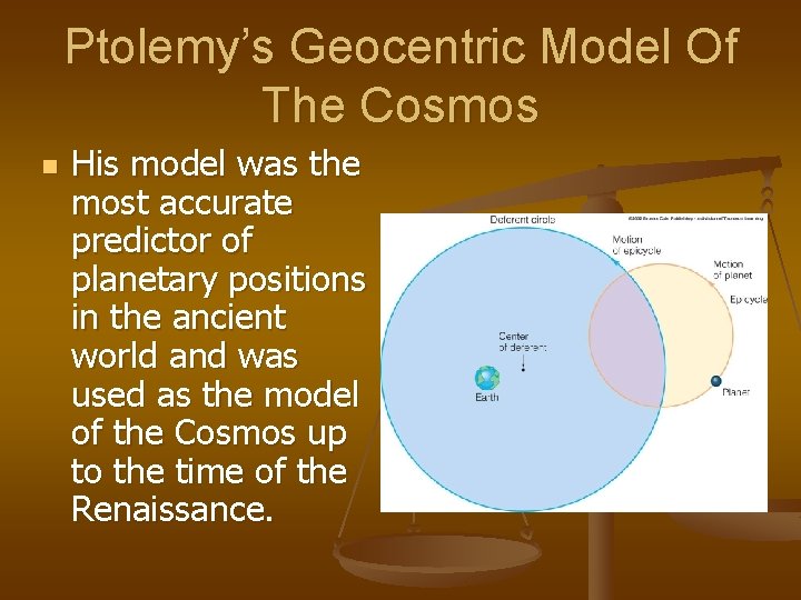 Ptolemy’s Geocentric Model Of The Cosmos n His model was the most accurate predictor