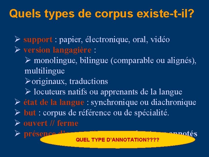 Quels types de corpus existe-t-il? Ø support : papier, électronique, oral, vidéo Ø version