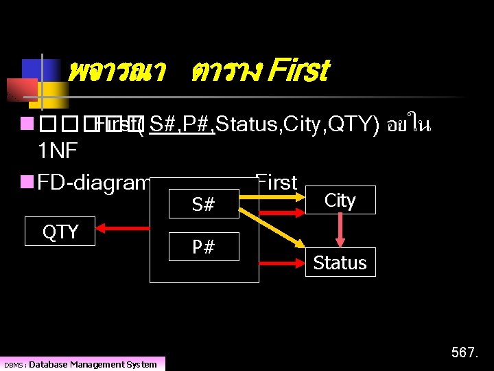 พจารณา ตาราง First n ����� First( S#, P#, Status, City, QTY) อยใน 1 NF