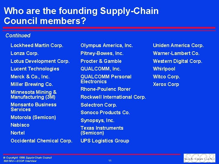 Who are the founding Supply-Chain Council members? Continued Lockheed Martin Corp. Olympus America, Inc.