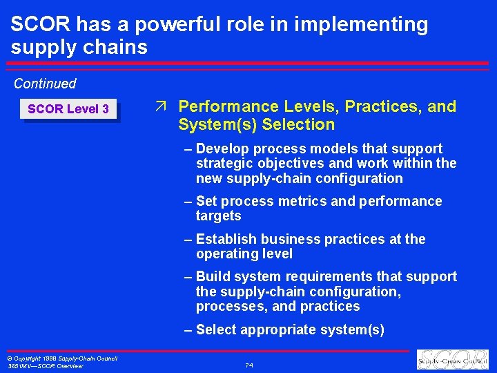 SCOR has a powerful role in implementing supply chains Continued SCOR Level 3 ä