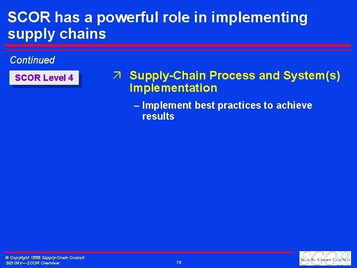 SCOR has a powerful role in implementing supply chains Continued SCOR Level 4 ä