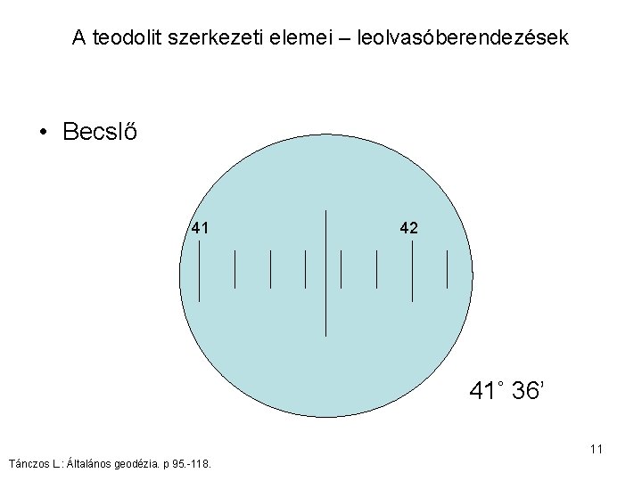 A teodolit szerkezeti elemei – leolvasóberendezések • Becslő 41 42 41˚ 36’ 11 Tánczos