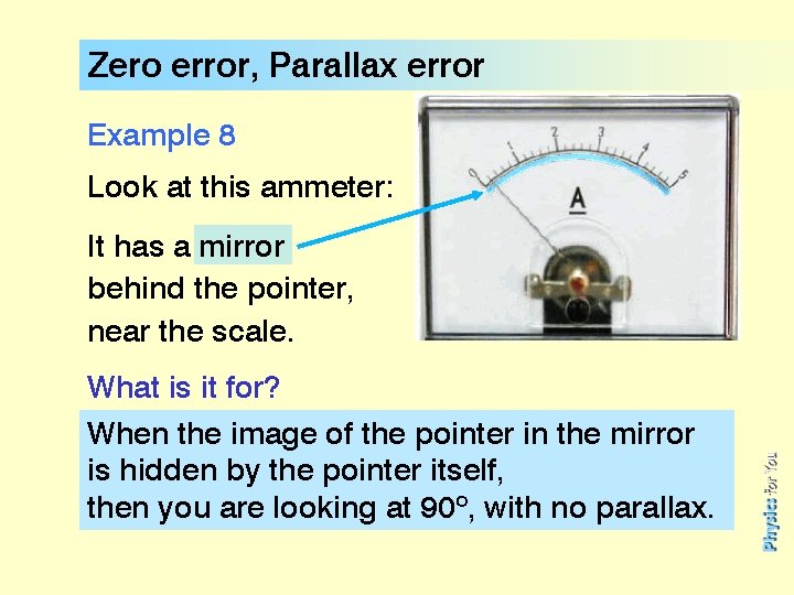 Zero error, Parallax error Example 8 Look at this ammeter: It has a mirror