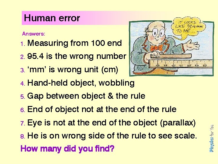 Human error Answers: 1. Measuring from 100 end 2. 95. 4 is the wrong