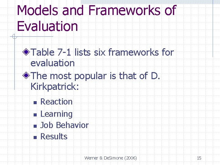 Models and Frameworks of Evaluation Table 7 -1 lists six frameworks for evaluation The