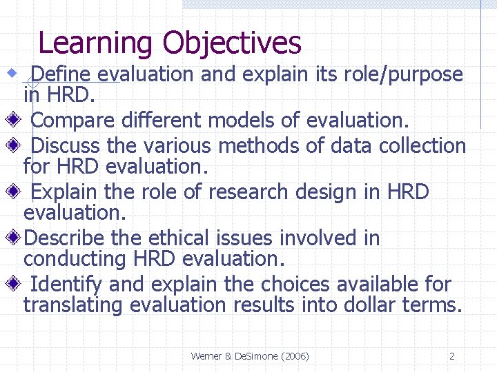 Learning Objectives w Define evaluation and explain its role/purpose in HRD. Compare different models