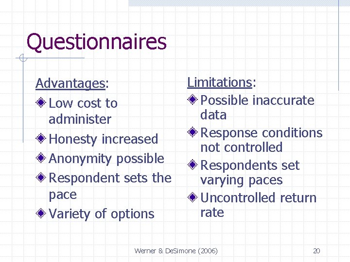 Questionnaires Limitations: Advantages: Possible inaccurate Low cost to data administer Response conditions Honesty increased