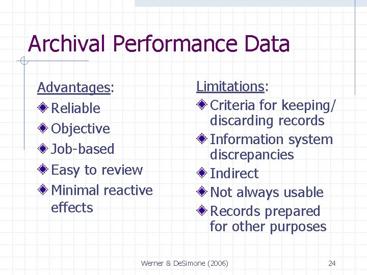 Archival Performance Data Advantages: Reliable Objective Job-based Easy to review Minimal reactive effects Limitations: