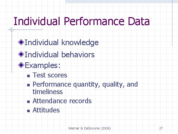 Individual Performance Data Individual knowledge Individual behaviors Examples: n n Test scores Performance quantity,