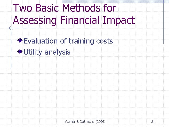 Two Basic Methods for Assessing Financial Impact Evaluation of training costs Utility analysis Werner